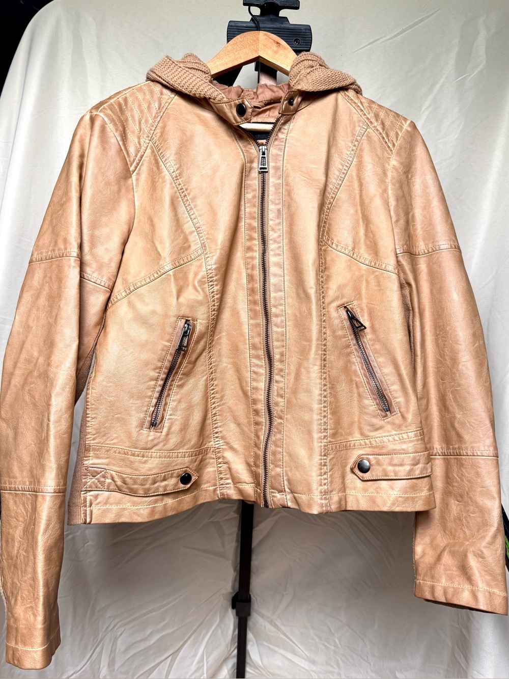 Women's Tan Faux Leather Hooded Jacket